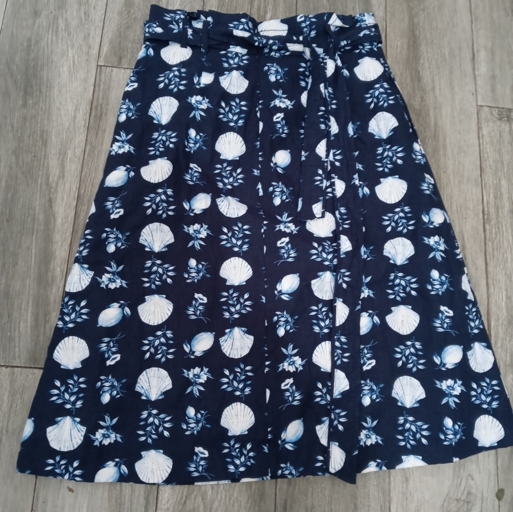 NEW Ann Taylor Navy Blue Seashell Print Lined A Line Linen blend Skirt belt tie